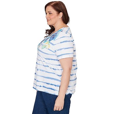 Plus Size Alfred Dunner Striped Floral Split Neck T-Shirt