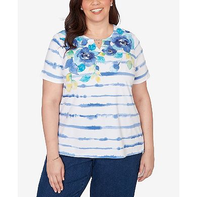 Plus Size Alfred Dunner Striped Floral Split Neck T-Shirt