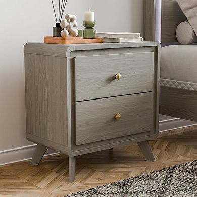 Xylia Modern Solid Wood Nightstand with 2 Drawers, Grey
