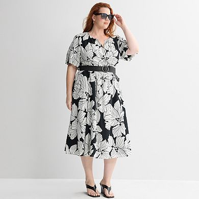 Plus Size Nine West Y-Neck Belted Midaxi Dress