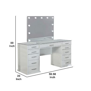 Vaz 3pc LED Mirror Vanity Table Set w Padded Stool, Glass Top