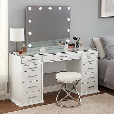 Vaz 3pc LED Mirror Vanity Table Set w Padded Stool, Glass Top