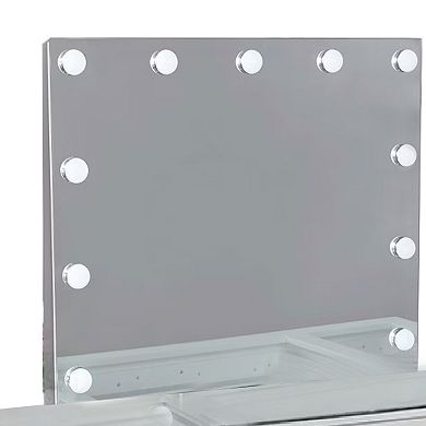 Vaz 3pc LED Mirror Vanity Table Set w Padded Stool, Glass Top