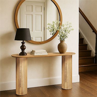 Cleo 54 Inch Sofa Console Table, Rounded Corners, Ribbed Pillar Legs, Golden Oak Brown Mango Wood