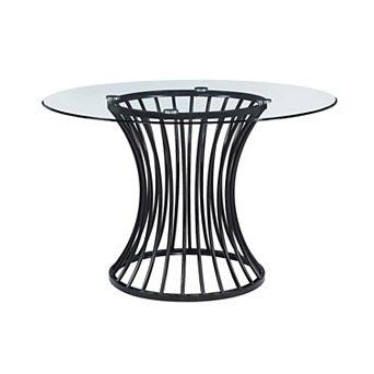 Ticy Dining Table, 48 Inch Round Glass Top, Black Iron Cagelike Base