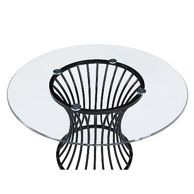 Ticy Dining Table, 48 Inch Round Glass Top, Black Iron Cagelike Base