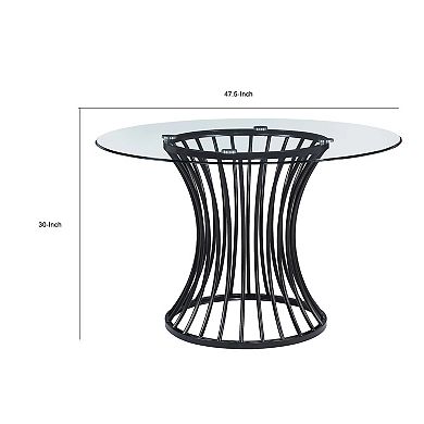 Ticy Dining Table, 48 Inch Round Glass Top, Black Iron Cagelike Base