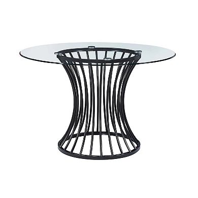 Ticy Dining Table, 48 Inch Round Glass Top, Black Iron Cagelike Base