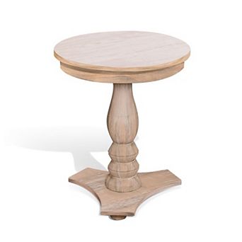 Meni Accent Table, Round, Carved Base, Solid Wood