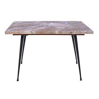 Taro Coffee Table, 24 Inch Square Taupe Brown Real Marble Top, Black Metal Legs