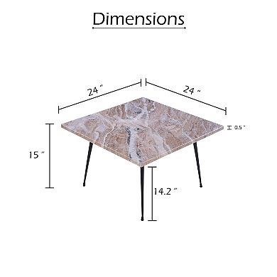 Taro Cocktail Table, 24 Inch Square Taupe Brown Marble Top, Indoor & Outdoor Table, Black Metal Legs