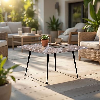 Taro Cocktail Table, 24 Inch Square Taupe Brown Marble Top, Indoor & Outdoor Table, Black Metal Legs