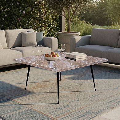 Taro Cocktail Table, 24 Inch Square Taupe Brown Marble Top, Indoor & Outdoor Table, Black Metal Legs