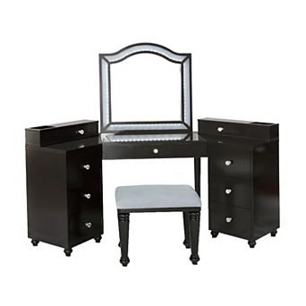 Gena 3 pc Vanity Set with Stool, Glass Top Table, LED Mirror, Obsidian Gray