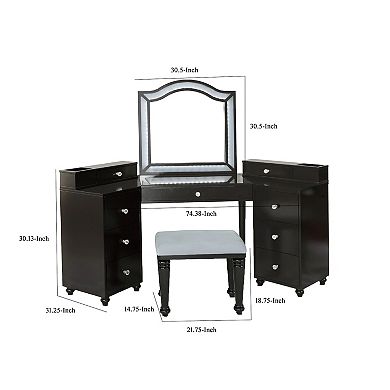 Gena 3pc Vanity Set with Stool, Glass Top Table, LED Mirror, Obsidian Gray