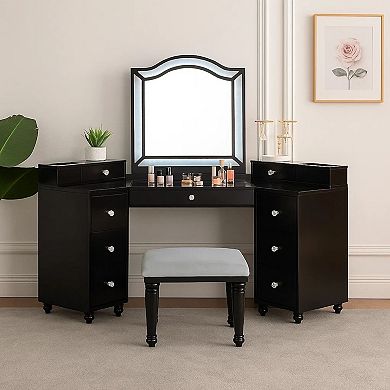 Gena 3pc Vanity Set with Stool, Glass Top Table, LED Mirror, Obsidian Gray
