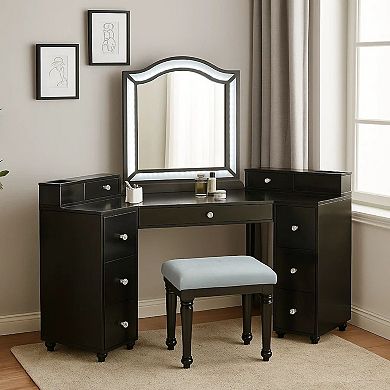 Gena 3pc Vanity Set with Stool, Glass Top Table, LED Mirror, Obsidian Gray