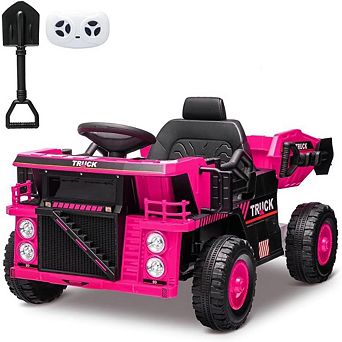 12V Kids Ride On Dump Truck, Electric Construction Car w/Remote, Lift Bed, Shovel, Music & LED