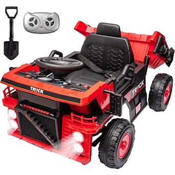 12V Kids Ride On Dump Truck, Electric Construction Car w/Remote, Lift Bed, Shovel, Music & LED