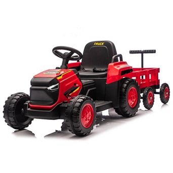 12V Electric Ride-On Tractor with Detachable Garden Cart, 8-Wheel Vehicle with Trailer, Remote
