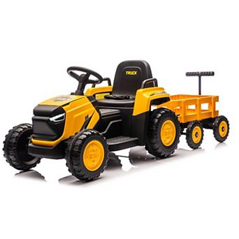 12V Electric Ride-On Tractor with Detachable Garden Cart, 8-Wheel Vehicle with Trailer, Remote