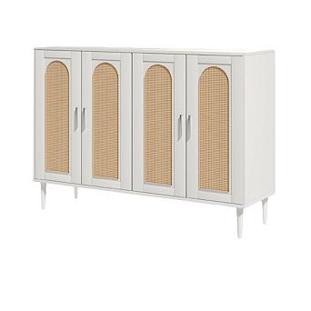 Rattan Sideboard Buffet Cabinet, Boho Accent Storage Cabinet, 4 Doors Console Table Coffee Bar