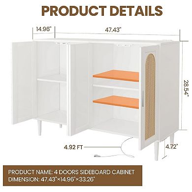 Rattan Sideboard Buffet Cabinet, Boho Accent Storage Cabinet, 4 Doors Console Table Coffee Bar
