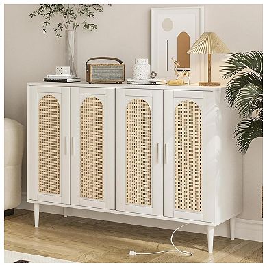 Rattan Sideboard Buffet Cabinet, Boho Accent Storage Cabinet, 4 Doors Console Table Coffee Bar