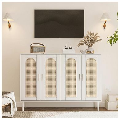 Rattan Sideboard Buffet Cabinet, Boho Accent Storage Cabinet, 4 Doors Console Table Coffee Bar