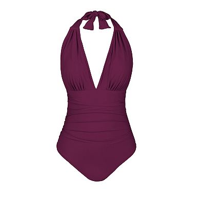 Women's Cupshe Plunge Halter Backless Ruched One-Piece Swimsuit