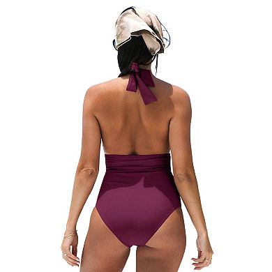 Women's Cupshe Plunge Halter Backless Ruched One-Piece Swimsuit