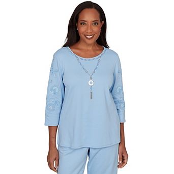 Women's Alfred Dunner Embroidered Floral Sleeve Accent Top with Necklace