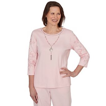 Women's Alfred Dunner Embroidered Floral Sleeve Accent Top with Necklace