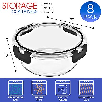 Sorbus 16 Piece Round (970ml/ 32.7oz/ 4cups) Glass Meal Prep Containers with Airtight Lids