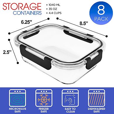 Sorbus 16 Piece Rectangular (1040ml/ 35oz/ 4.4cups) Glass Meal Prep Containers with Airtight Lids