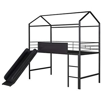 Merax Metal House Bed With Slide, Twin Size Metal Loft Bed with Two-sided writable Wooden Board