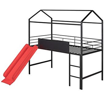 Merax Metal House Bed With Slide, Twin Size Metal Loft Bed with Two-sided writable Wooden Board