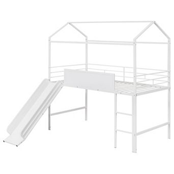 Merax Metal House Bed With Slide, Twin Size Metal Loft Bed with Two-sided writable Wooden Board