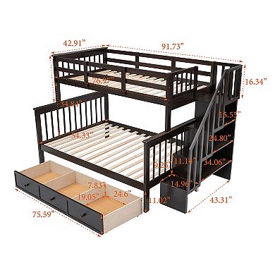 Merax Stairway Twin-Over-Full Bunk Bed with Drawer, Storage and Guard Rail for Bedroom