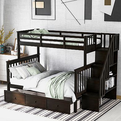 Merax Stairway Twin-Over-Full Bunk Bed with Drawer, Storage and Guard Rail for Bedroom