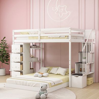 Merax Twin Over Full Bunk Bed with 3-layer Shelves, Drawers and Storage Stairs