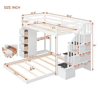 Merax Twin Over Full Bunk Bed with 3-layer Shelves, Drawers and Storage Stairs