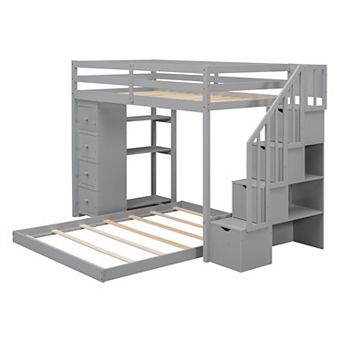 Merax Twin Over Full Bunk Bed with 3-layer Shelves, Drawers and Storage Stairs