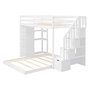 Merax Twin Over Full Bunk Bed with 3-layer Shelves, Drawers and Storage Stairs