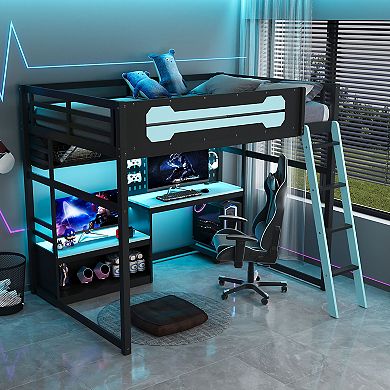 Merax Full Size Wood Loft Bed with Desk, Shelves, LED Lights, USB Ports and Pegboard