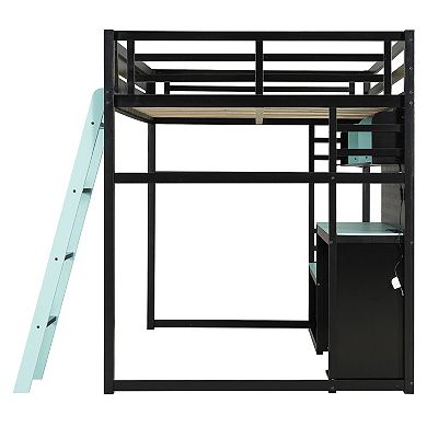 Merax Full Size Wood Loft Bed with Desk, Shelves, LED Lights, USB Ports and Pegboard