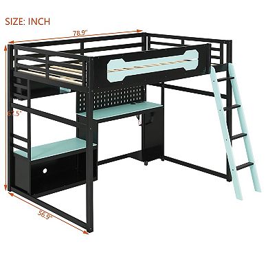 Merax Full Size Wood Loft Bed with Desk, Shelves, LED Lights, USB Ports and Pegboard
