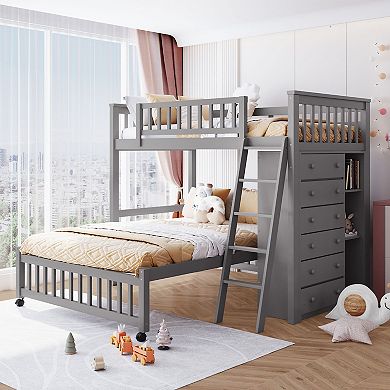 Merax Wooden Twin Over Full Bunk Bed With Six Drawers And Flexible Shelves,Bottom Bed With Wheels