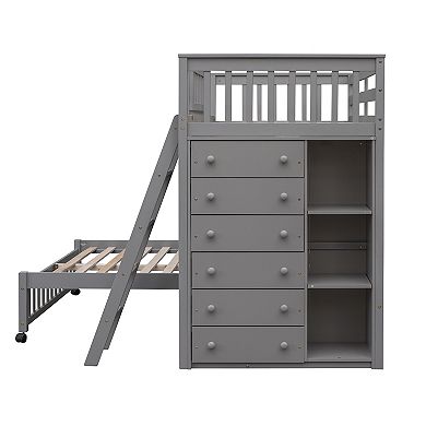 Merax Wooden Twin Over Full Bunk Bed With Six Drawers And Flexible Shelves,Bottom Bed With Wheels