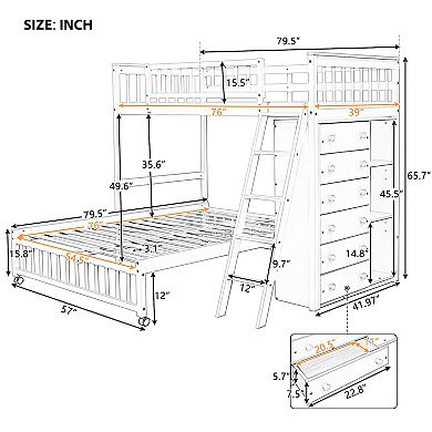 Merax Wooden Twin Over Full Bunk Bed With Six Drawers And Flexible Shelves,Bottom Bed With Wheels